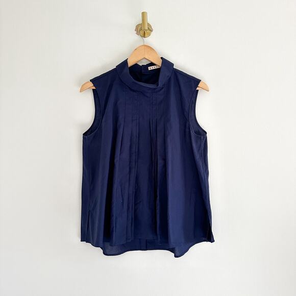 MARNI x Uniqlo Mock Neck Pintuck Pleated Sleeveless Blouse Navy M - Picture 1 of 9